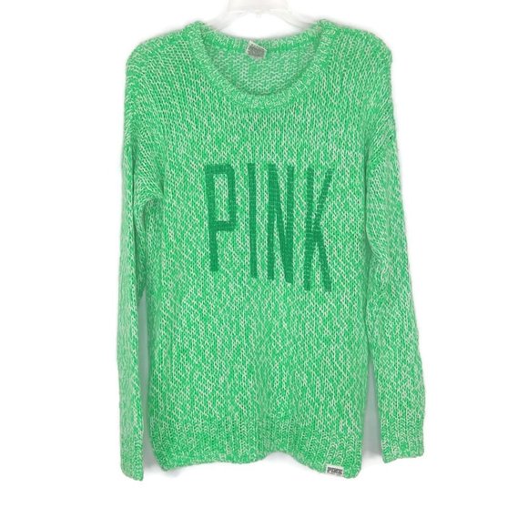 VS PINK Marled Green Spellout Crewneck Sweater - Picture 1 of 5